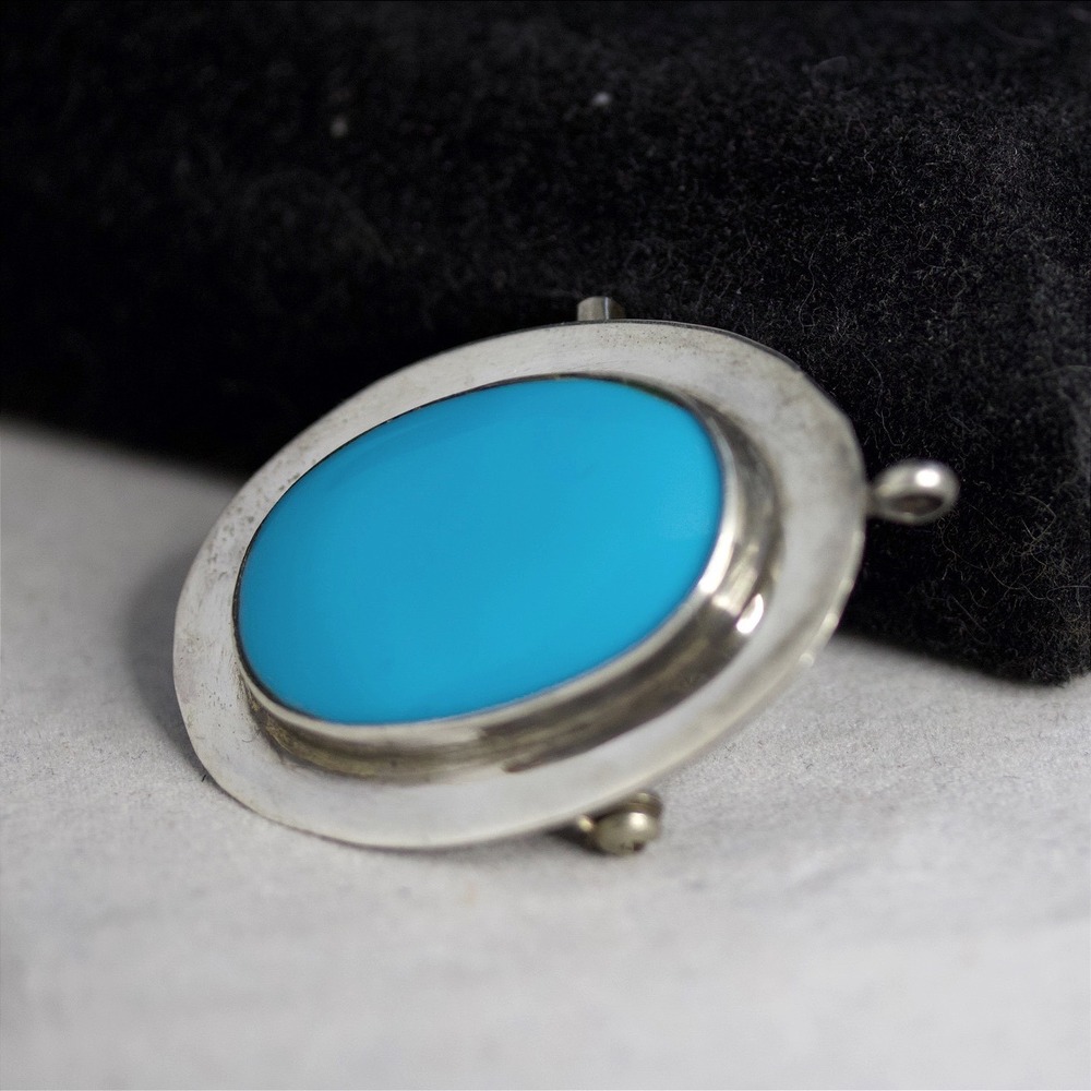Native American Handmade Sterling Silver Turquoise Oval Brooch Pendant Pin - Picture 5 of 8